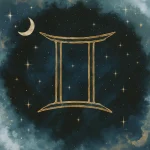 Sternzeichen Zwilling – goldenes Symbol im Sternenhimmel mit Mond und funkelnden Sternen