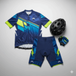 Fahrradbekleidung-Set bestehend aus blau-grünem Radtrikot, passender Radhose, Fahrradhelm und Fahrradhandschuhen auf hellem Hintergrund.