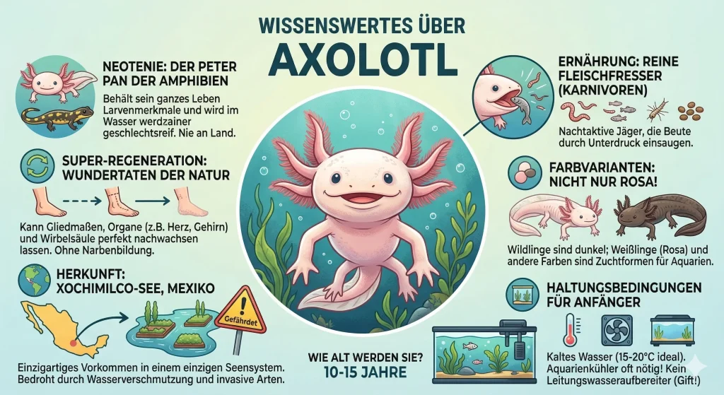 Infografik: Die wichtigsten Fakten und Haltungsbedingungen für Axolotl im Überblick.