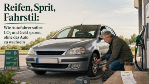 Ein Mann prüft den Reifendruck seines Autos an einer Tankstelle, im Hintergrund ein grünes Schild mit Hinweisen zum richtigen Tanken.